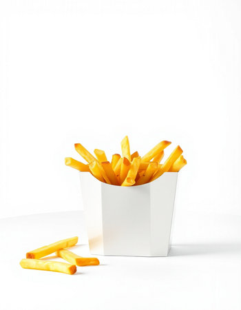 French fries in a white box on a white background with space for text