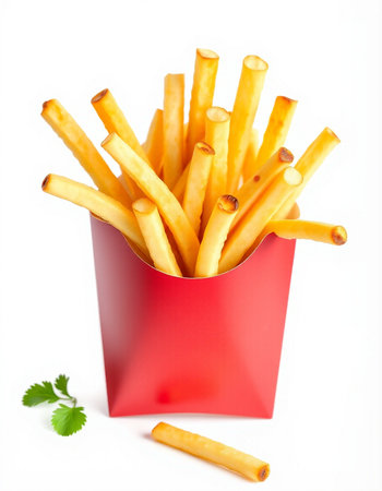 French fries in a red box isolated on white background. Selective focus.の写真素材