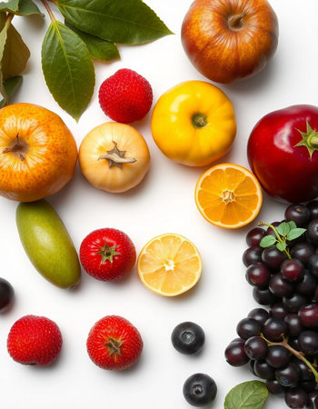 Fruits and vegetables on a white background. Healthy food concept.