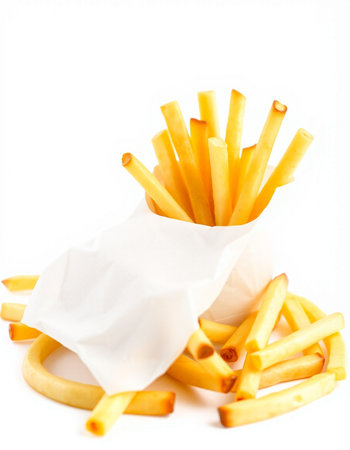 French fries in a paper bag on a white background. Isolatedの写真素材