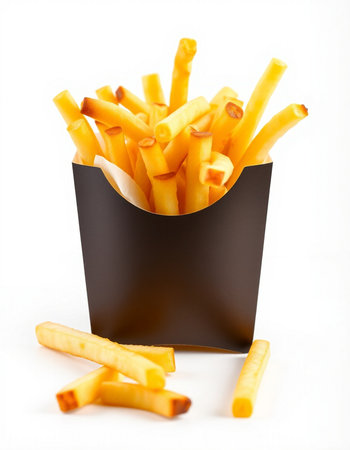 French fries in a paper box on a white background. Selective focus.