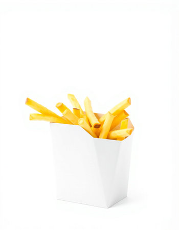 French fries in a white box on a white background. Isolated