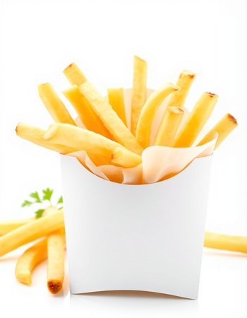 French fries in a white box isolated on white background. Selective focus.