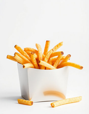 French fries in a paper box on a white background. Fast food.