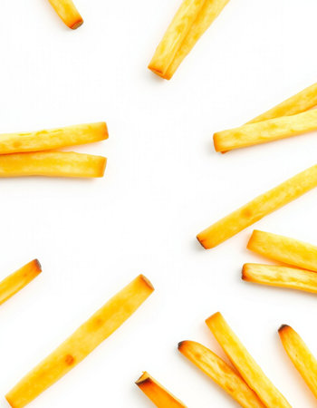 French fries isolated on white background. Flat lay, top view.の写真素材