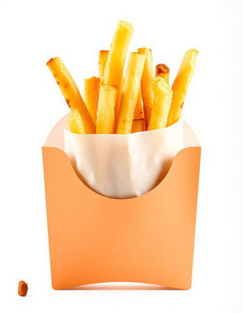 French fries in paper box isolated on white background.