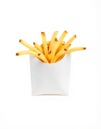 French fries in a white box on a white background, isolate.の写真素材