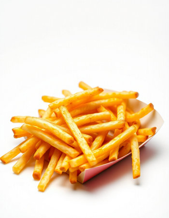 French fries in a box on a white background. Selective focus.