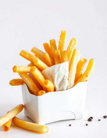French fries in a paper box on a white background. Selective focus.