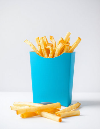 French fries in a blue box on a white background, side view