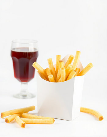 French fries in paper box and glass of red wine on white backgroundの写真素材