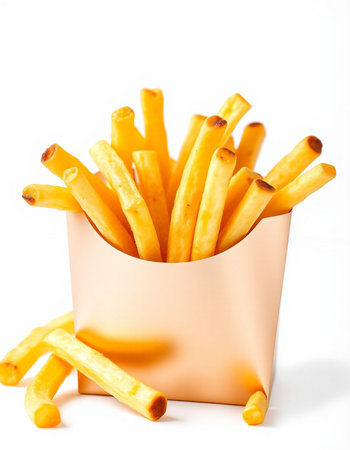 French fries in paper box isolated on white background. Selective focus.の写真素材
