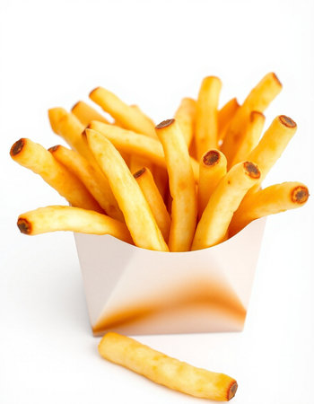 French fries in a paper box on a white background. Isolated