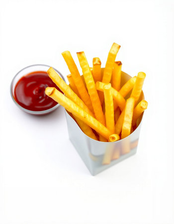 French fries with ketchup isolated on white background. Selective focus.