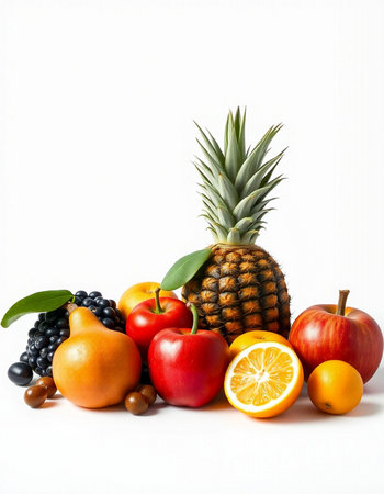 Fruits isolated on white background. Pineapple, orange, grapefruit, apple, pear, blackberry, kiwi