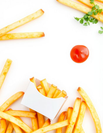 French fries with ketchup and parsley on white background, top view