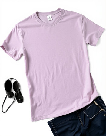 Pink t-shirt, jeans and earphones on a white backgroundの写真素材