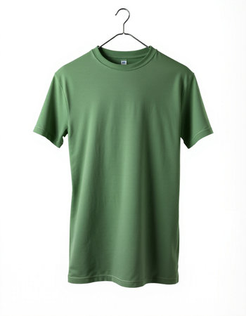 Green t-shirt on a hanger isolated on white background.の写真素材