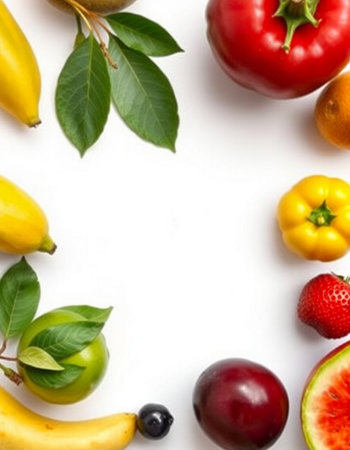Fruits and vegetables on a white background. Flat lay, top view.の写真素材