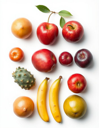 Fruits and vegetables on a white background. View from above.の写真素材