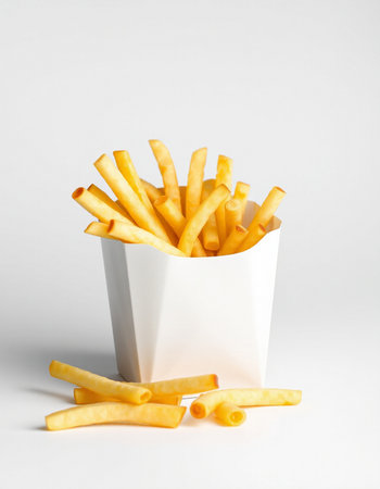 French fries in a white box on a white background. Fast food.