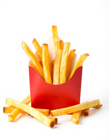 French fries in a red box on a white background, fast food