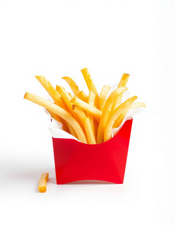 French fries in a red box isolated on white background. Fast food.