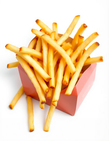 French fries in a red box on a white background. Isolatedの写真素材