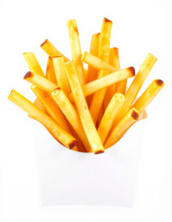 French fries in paper box isolated on white background. Selective focus.
