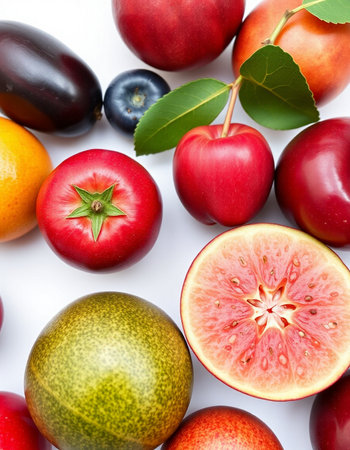 Variety of fresh fruits isolated on white background. Top view.の写真素材