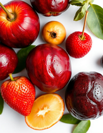 Fruits and berries on a white background. Top view. Flat lay.の写真素材