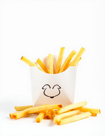 french fries with smiley face in paper cup on white backgroundの写真素材