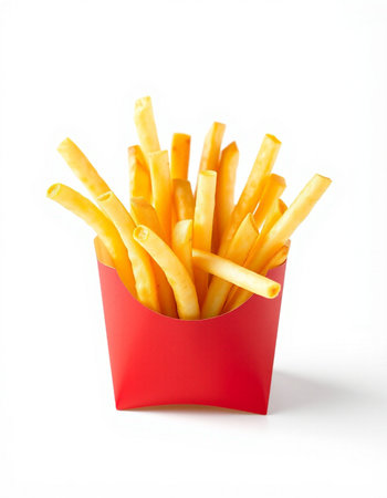 French fries in red box isolated on white background. Selective focus.