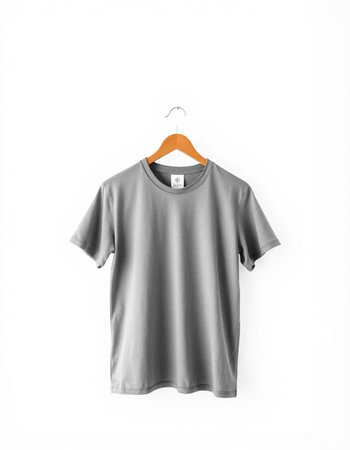 Grey t-shirt on hanger isolated on white background. Clipping path included.の写真素材