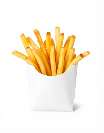 French fries in a white paper box isolated on a white background.