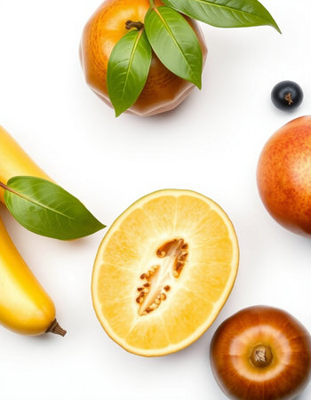 Fresh fruits isolated on white background. Top view. Flat lay.
