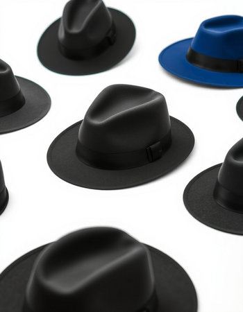 close up of a group of black and blue hats on white backgroundの写真素材