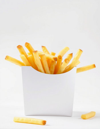 French fries in a paper box on a white background. Selective focus.の写真素材