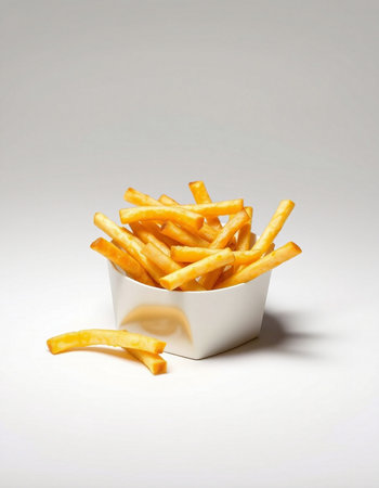 Golden French fries in a white box on a white background with shadow