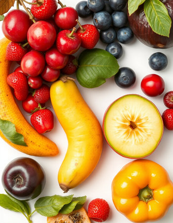 Composition with fresh fruits and berries on white background, top viewの写真素材