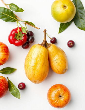 Flat lay composition with ripe fruits on white background, top view