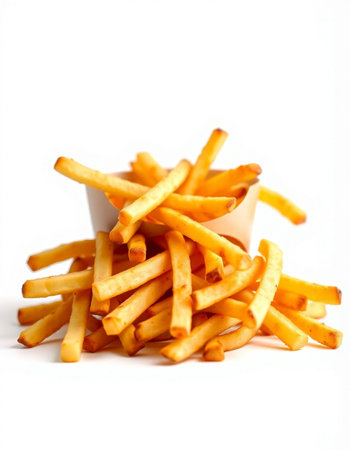 Golden French fries in a bowl on a white background. Isolated