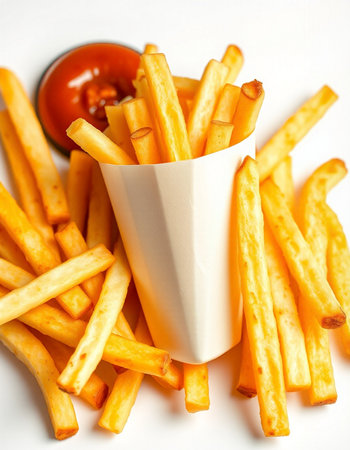 French fries with ketchup on white background. Selective focus.