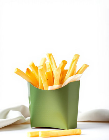 French fries in a green box on a white background with copy spaceの写真素材