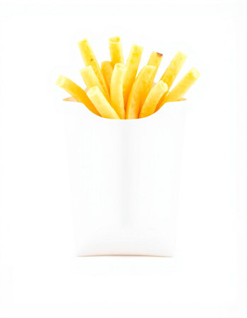 French fries in a white box on a white background. Isolated