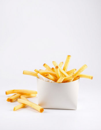 French fries in a paper box on a white background. Selective focus.