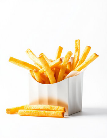 French fries in paper box on white background. Fast food concept.