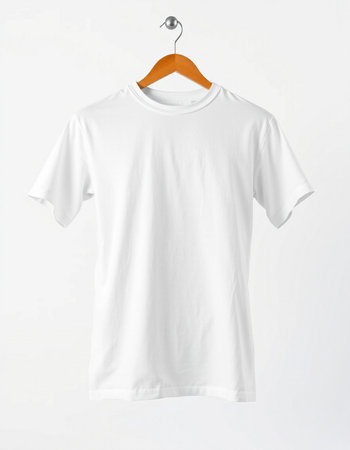 White t-shirt on a hanger on a white background.