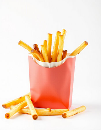 French fries in a red box on a white background, fast foodの写真素材