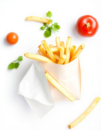 French fries in paper bag with tomato and parsley on white backgroundの写真素材